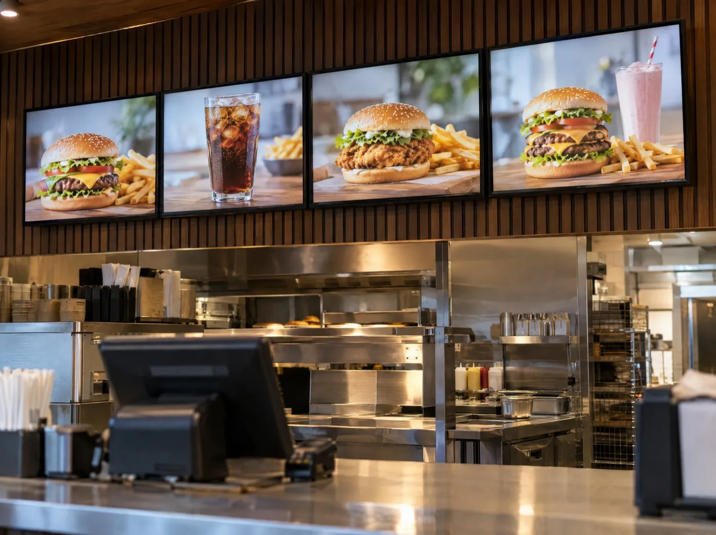 Digital menu boards above a restaurant counter