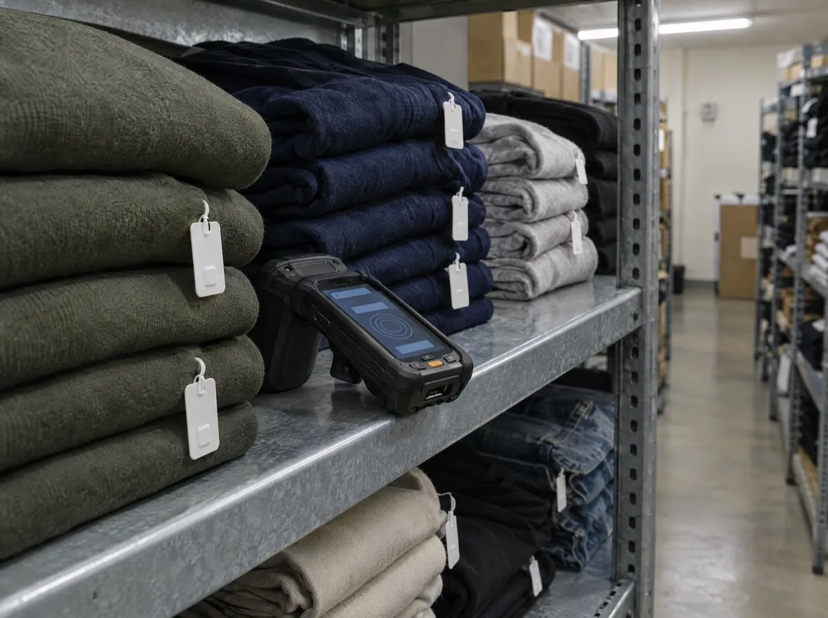 Handheld RFID reader beside tagged garments