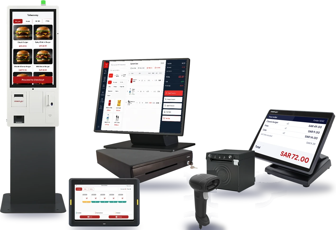 Posiflex range running POSMena: JK self-service kiosk, GT POS terminal on a CR-4000 cash drawer, PP-7900 receipt printer, TM-5111C customer display, MT-6210 tablet and CD-3301 barcode scanner